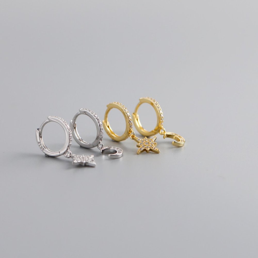 Gold Vermeil Crescent Moon Star Earrings Zodiac Asymmetric Hoop Huggie Earrings - Picture 3 of 5